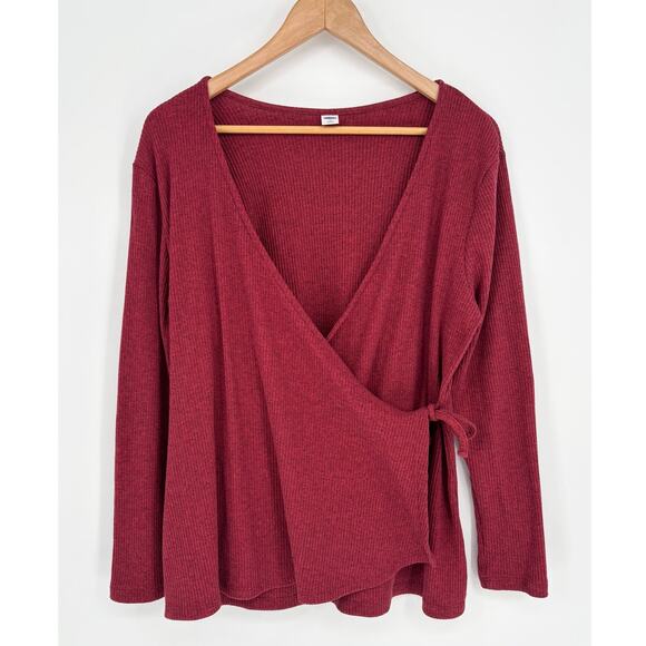 Old Navy Ruby Red Ribbed Knit Wrap Long Sleeve Top Size XL - Picture 1 of 5